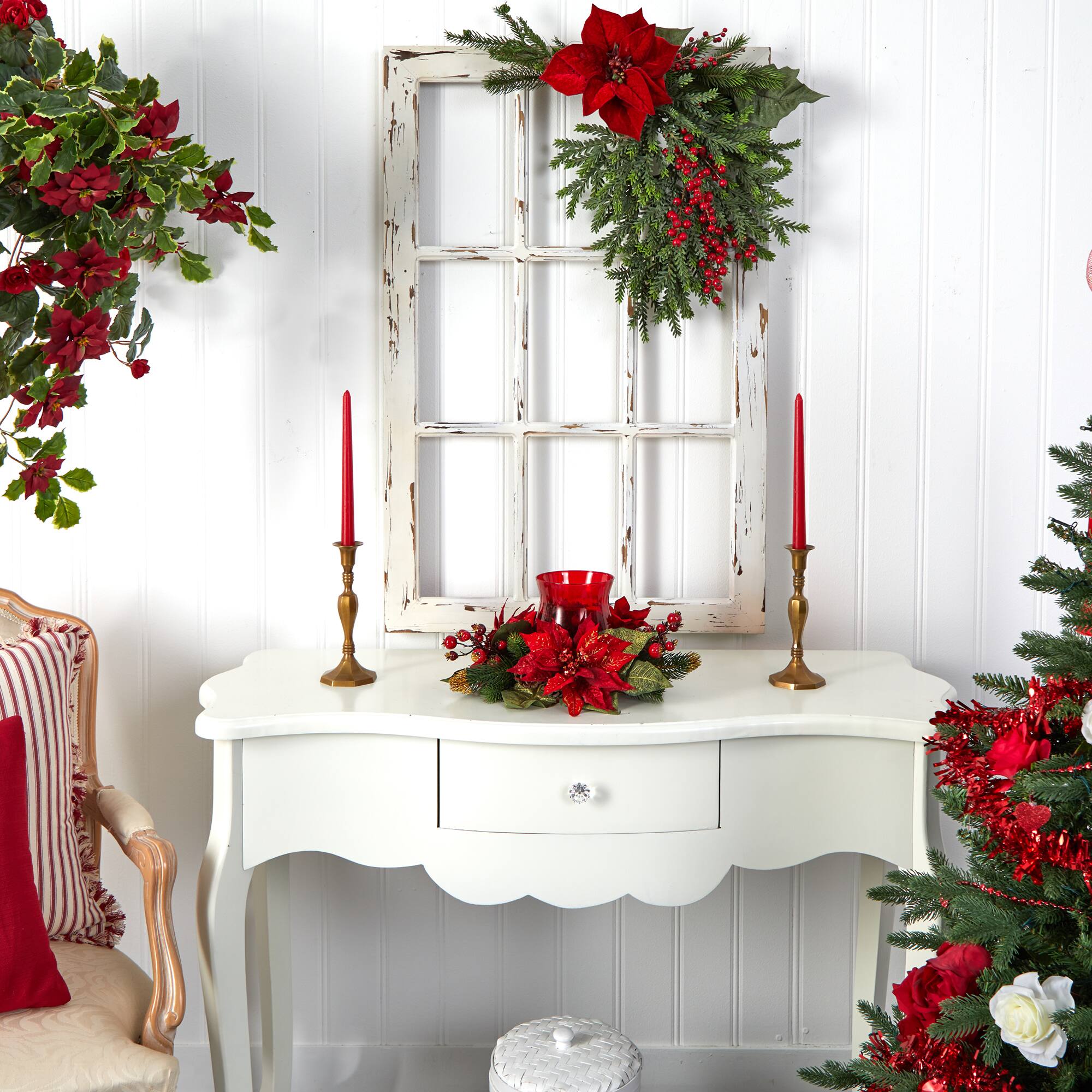 13" Poinsettia & Berry Candelabrum Artificial Arrangement